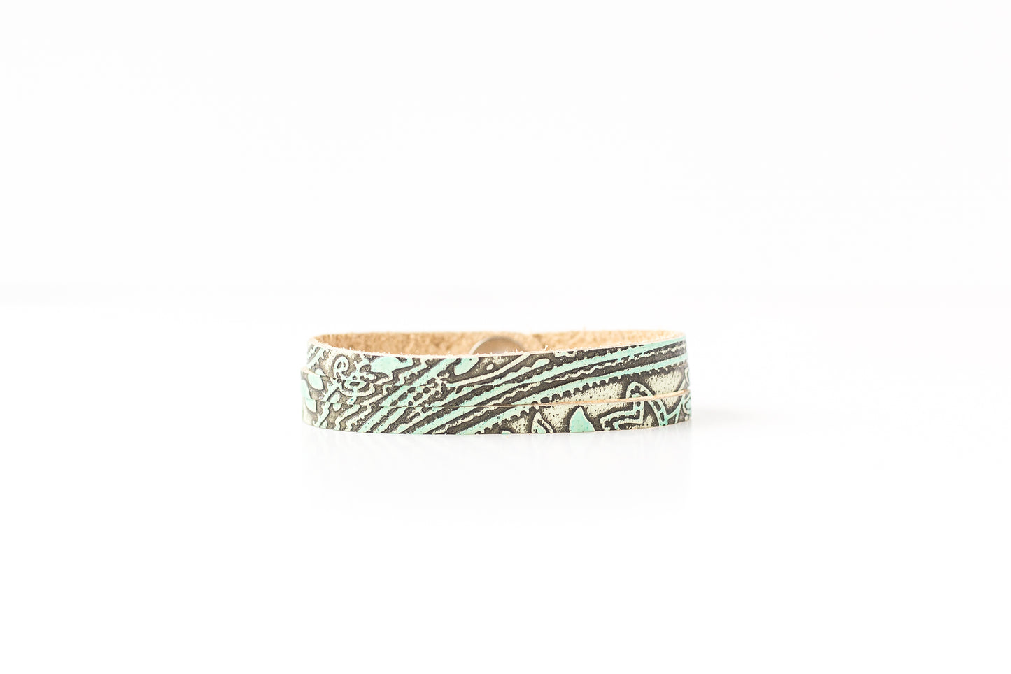 Leather Bracelet / Ultra Skinny Sliced Cuff / Paisley Turquoise
