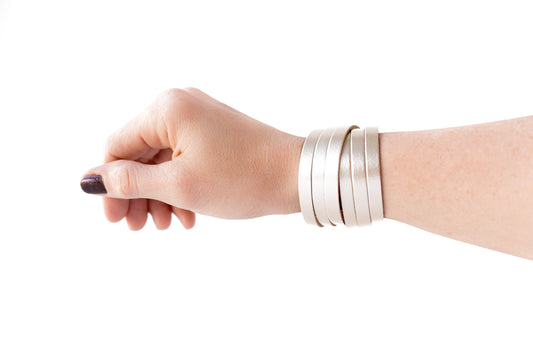 Leather Bracelet / Skinny Sliced Wrap Cuff / Metallic Platinum