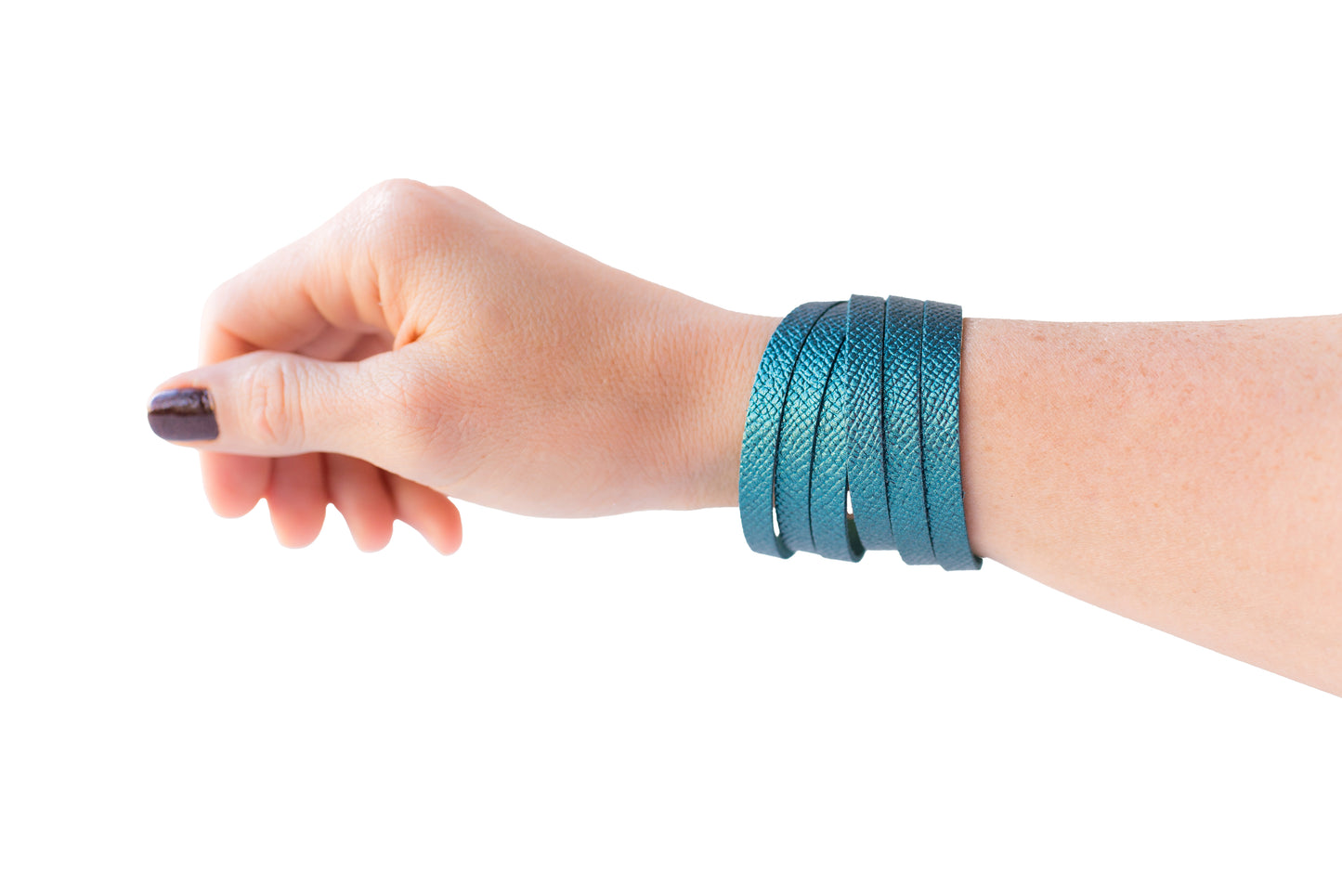 Leather Bracelet / Skinny Sliced Wrap Cuff / Teal Quartz Shimmer