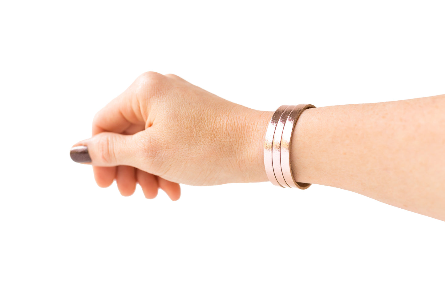 Leather Bracelet / Ultra Skinny Sliced Cuff / Metallic Rosegold