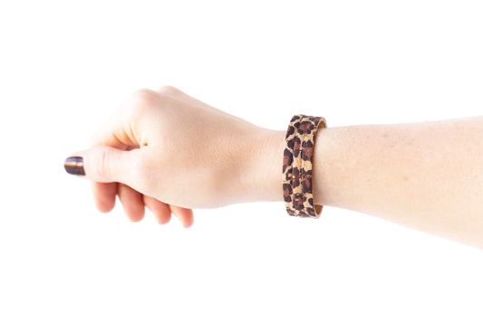 Leather Bracelet / Ultra Skinny Sliced Cuff / Leopard Cork