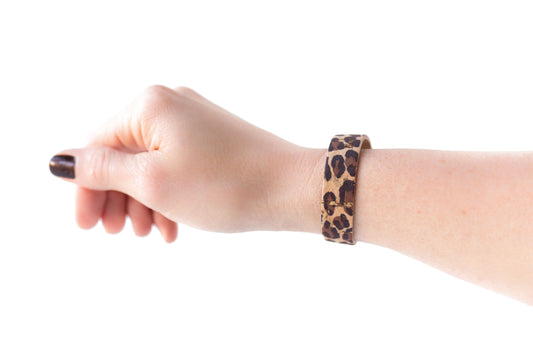 Leather Bracelet / Skinny Slim Cuff / Leopard Cork