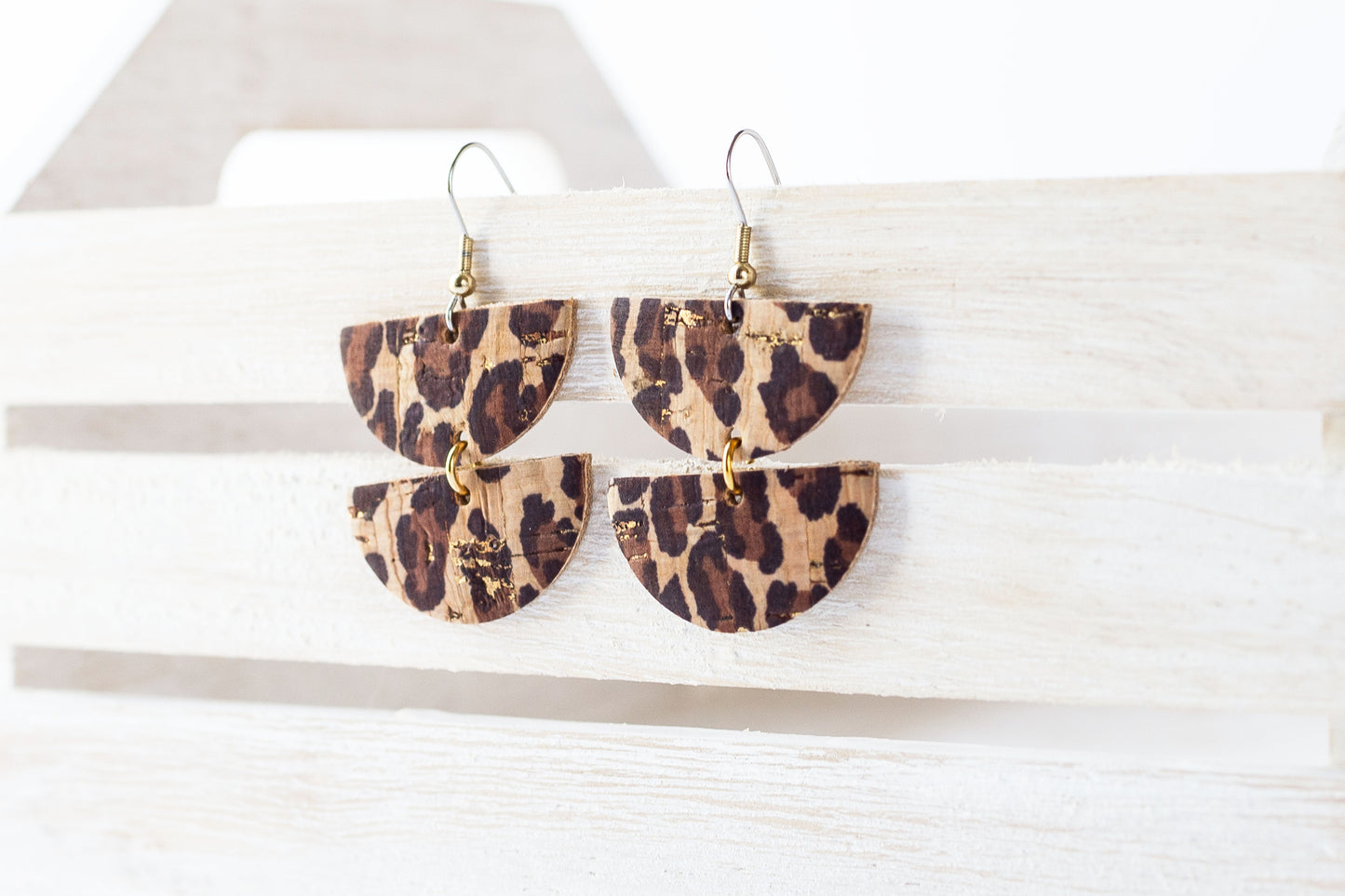 Leather Earrings / Demi Luna / Leopard Cork