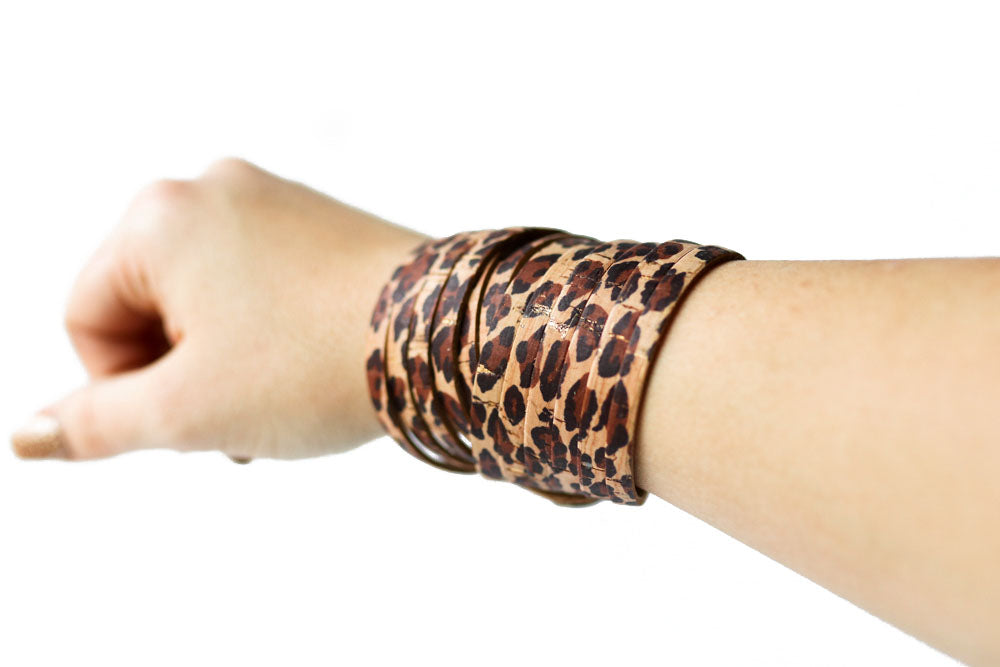 Leather Bracelet / Original Sliced Wrap Cuff / Leopard Cork