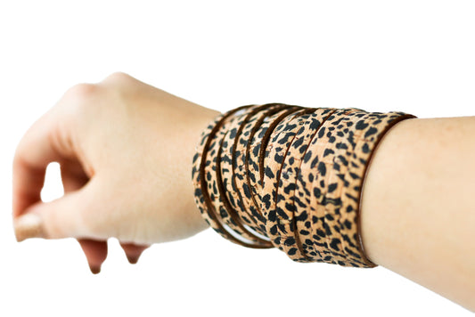 Leather Bracelet / Original Sliced Wrap Cuff / Cheetah Cork