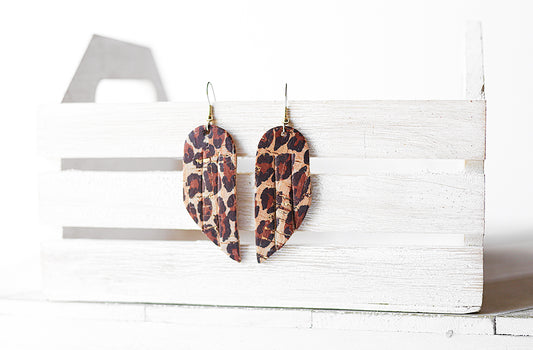 Leather Earrings / Mini Fringe / Leopard Cork
