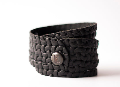 Leather Bracelet / Original Sliced Wrap Cuff / Woven Black