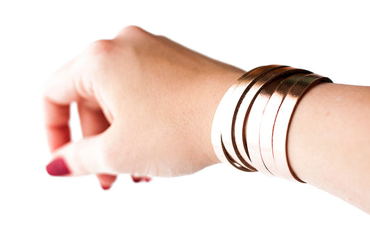 Leather Bracelet / Skinny Sliced Wrap Cuff / Metallic Rosegold