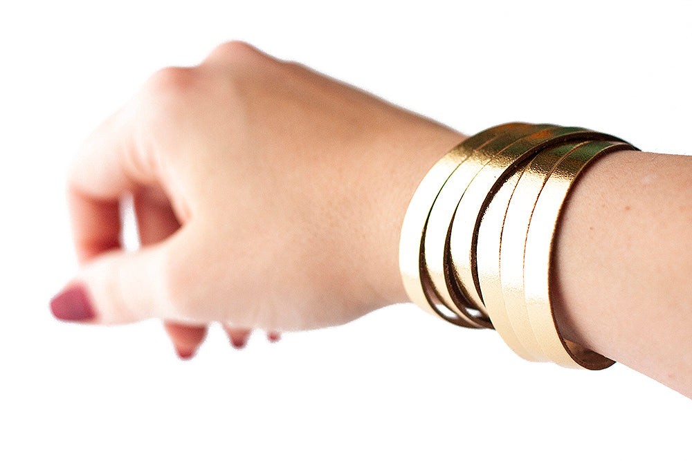 Leather Bracelet / Skinny Sliced Wrap Cuff / Metallic Gold