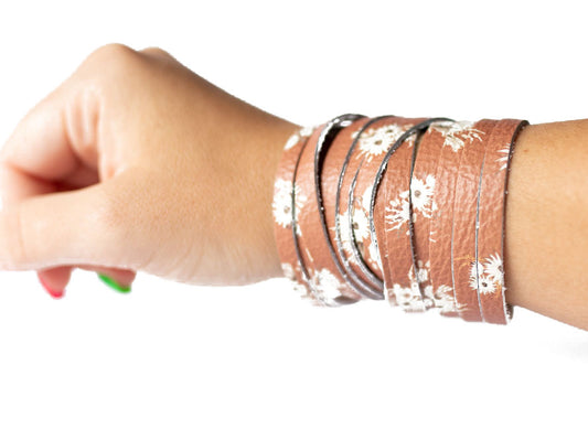 Leather Bracelet / Original Sliced Wrap Cuff / Rust Blooms