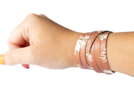 Leather Bracelet / Skinny Sliced Wrap Cuff / Rust Blooms