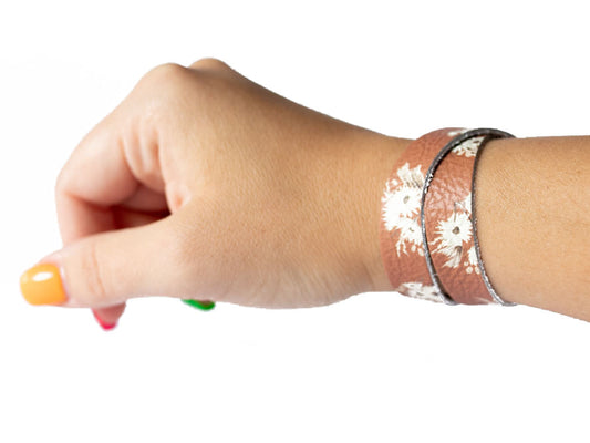 Leather Bracelet / Slim Wrap Cuff / Rust Blooms