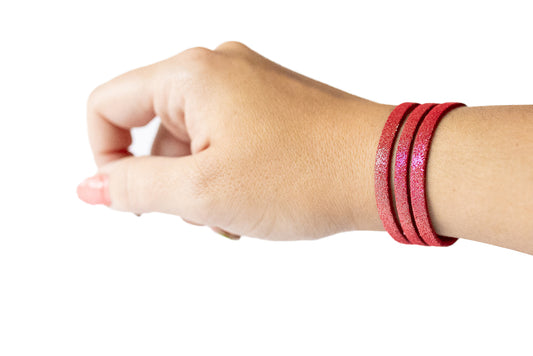 Leather Bracelet / Ultra Skinny Sliced Cuff / Red Shimmer