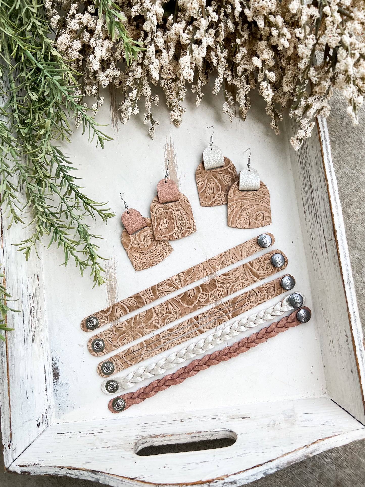 Leather Earrings / Fringies / Western Floral & Rose Latte