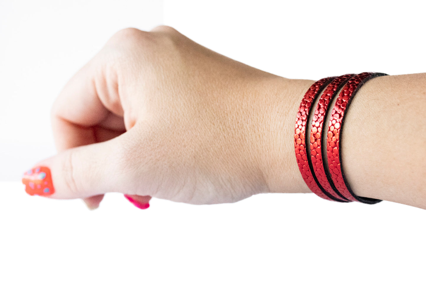 Leather Bracelet / Ultra Skinny Sliced Cuff / Red Dot Sparkle