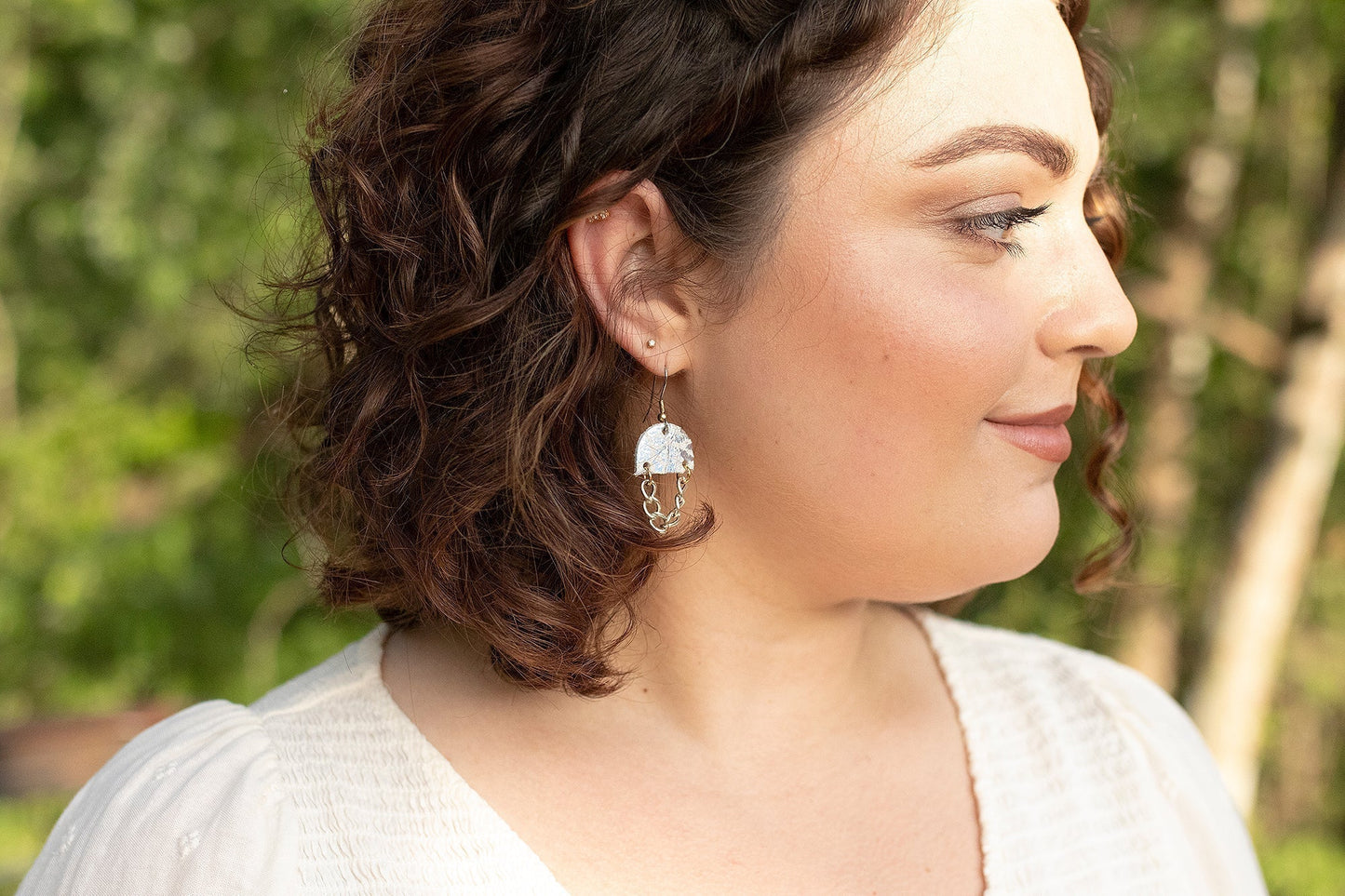 Leather Earrings / Mini Chain Drop / Checker Cork