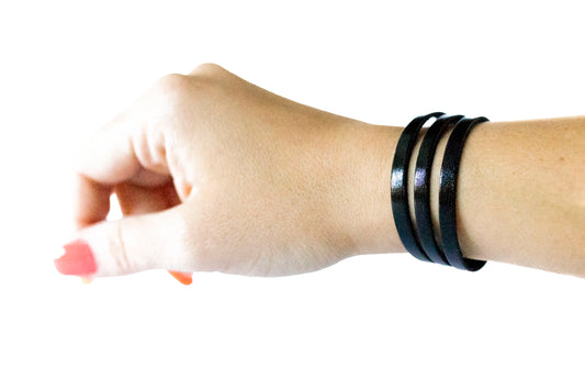 Leather Bracelet / Ultra Skinny Sliced Cuff / Metallic Black