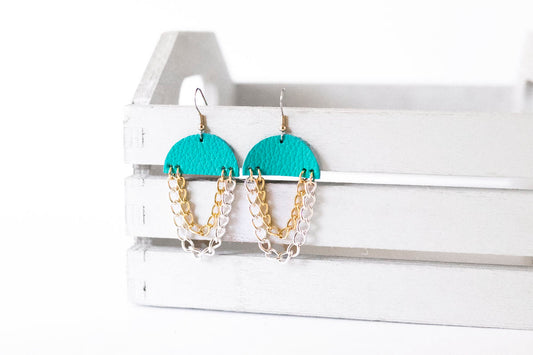 Leather Earrings / Chain Drop / Tropical Waters