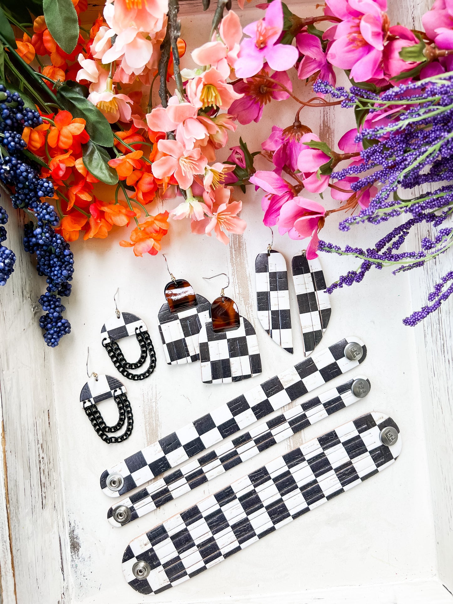 Leather Earrings / Mini Fringe / Checker Cork