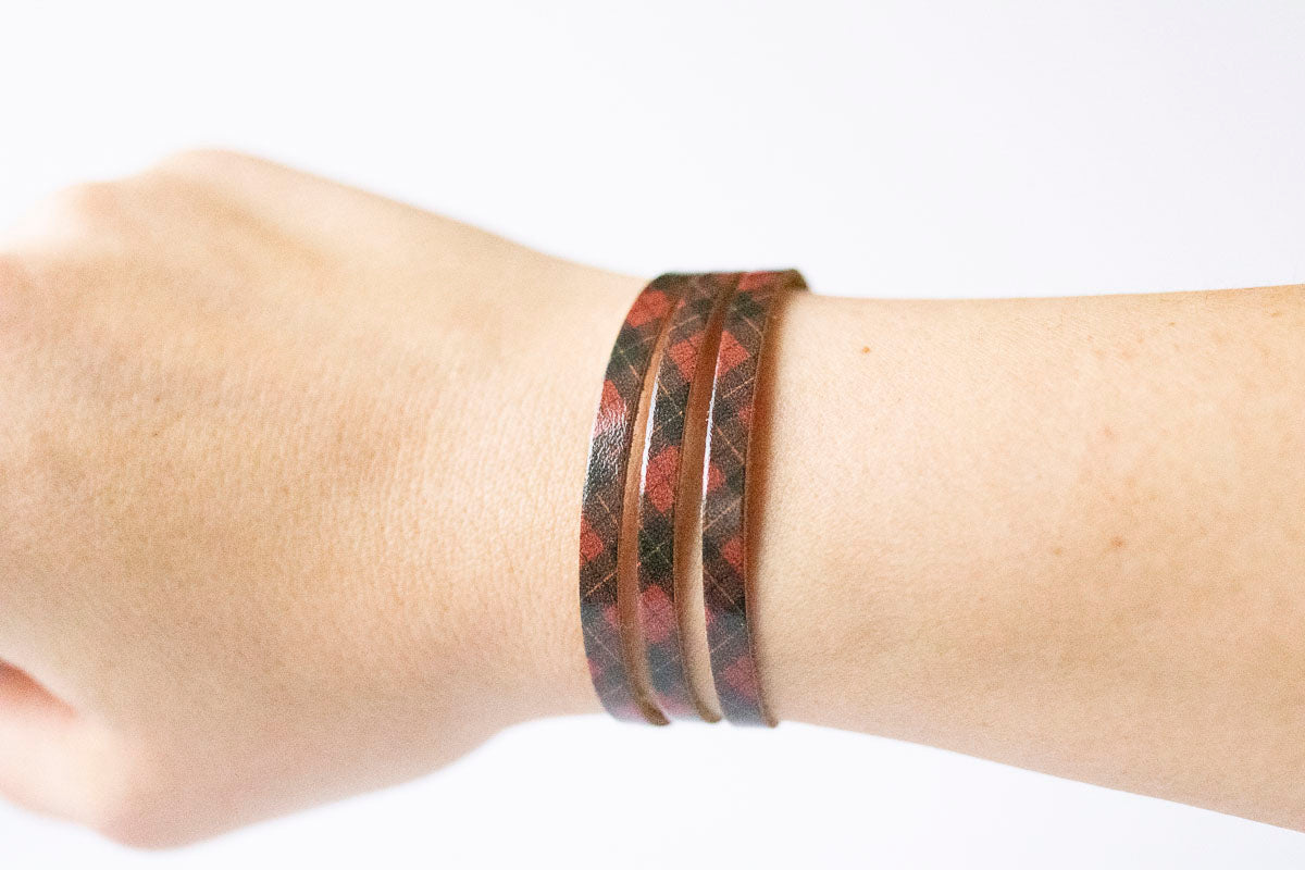 Leather Bracelet / Ultra Skinny Sliced Cuff / Tartan