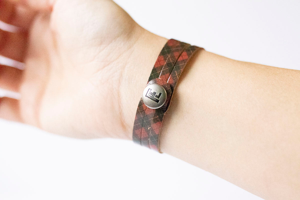 Leather Bracelet / Ultra Skinny Sliced Cuff / Tartan