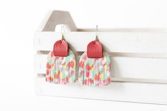 Leather Earrings / Fringies / Summer Brushstroke Cork & Apple Red