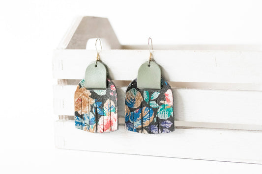Leather Earrings / Fringies / Black Floral & Mint Grass