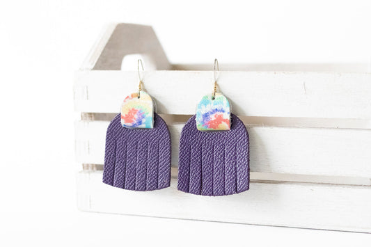 Leather Earrings / Fringies / Aubergine & Kaleidoscope