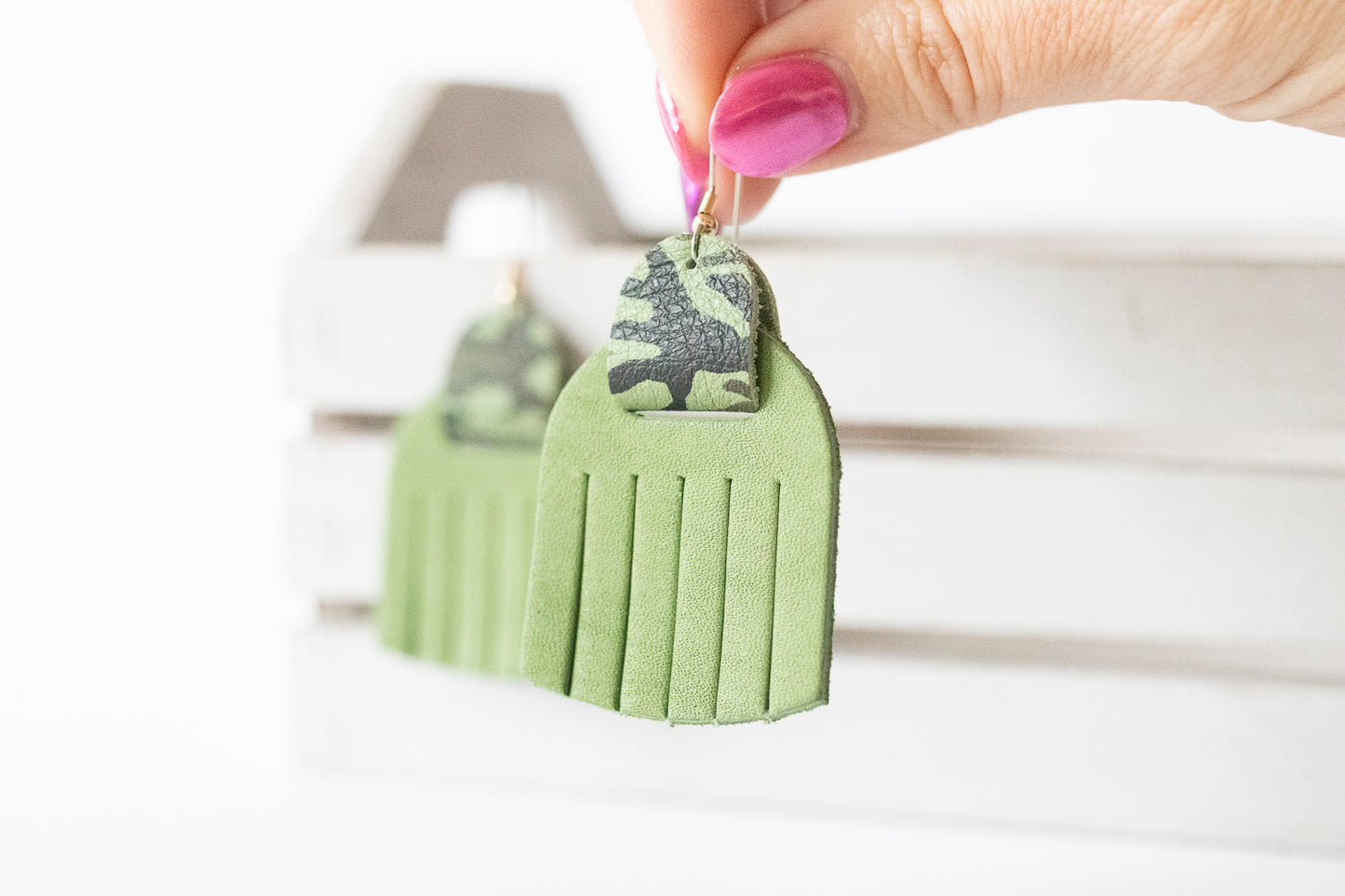 Leather Earrings / Fringies / Clover Green & Camo