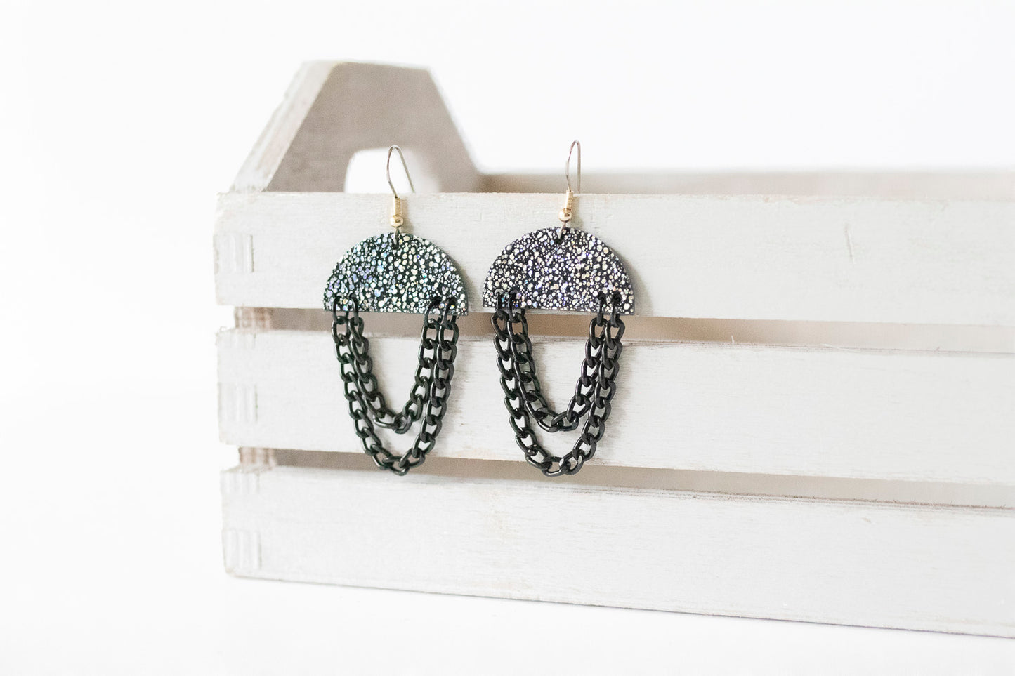 Leather Earrings / Black Chain Drop / Disco Ball