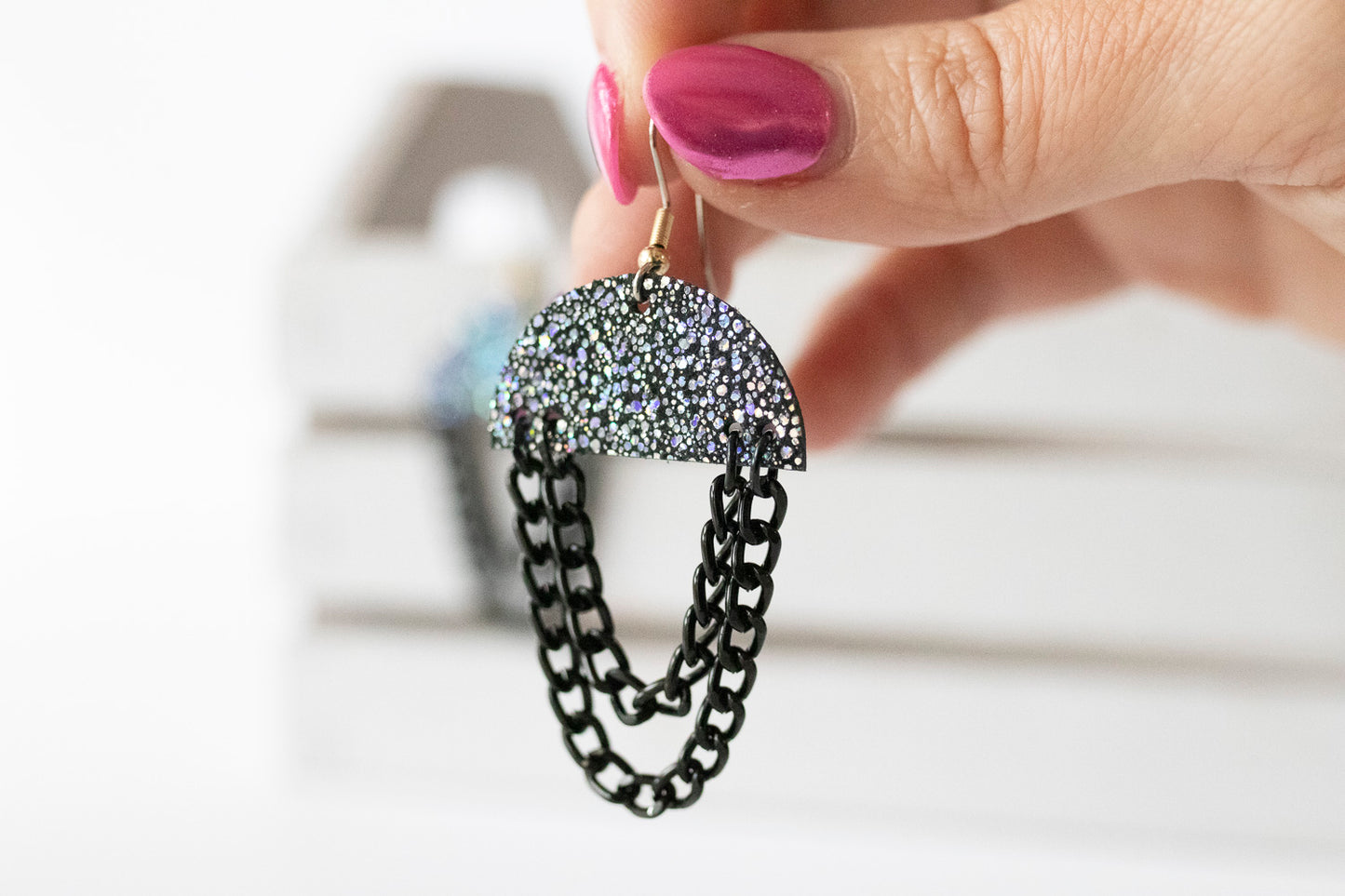 Leather Earrings / Black Chain Drop / Disco Ball