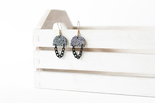 Leather Earrings / Black Mini Chain Drop / Disco Ball