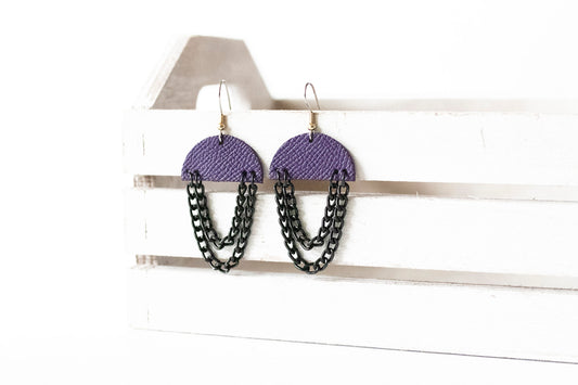 Leather Earrings / Black Chain Drop / Aubergine