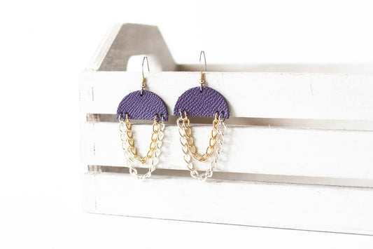 Leather Earrings / Chain Drop / Aubergine