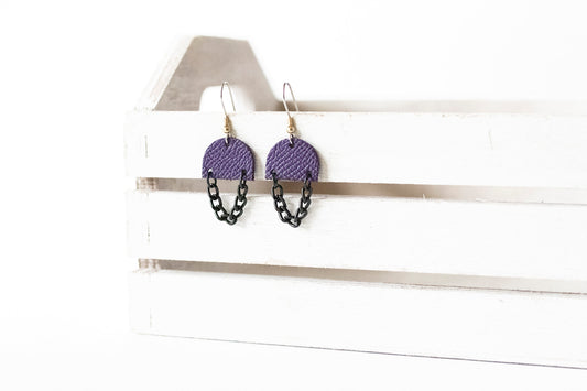 Leather Earrings / Black Mini Chain Drop / Aubergine