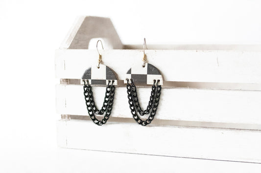 Leather Earrings / Black Chain Drop / Checker Cork