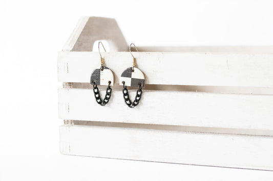 Leather Earrings / Black Mini Chain Drop / Checker Cork