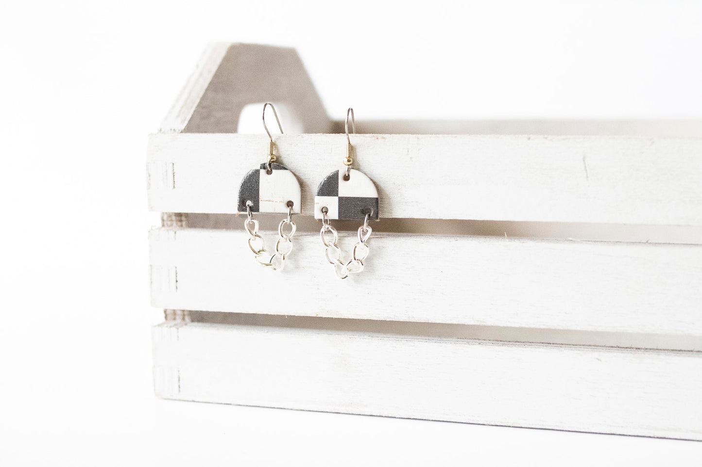 Leather Earrings / Mini Chain Drop / Checker Cork