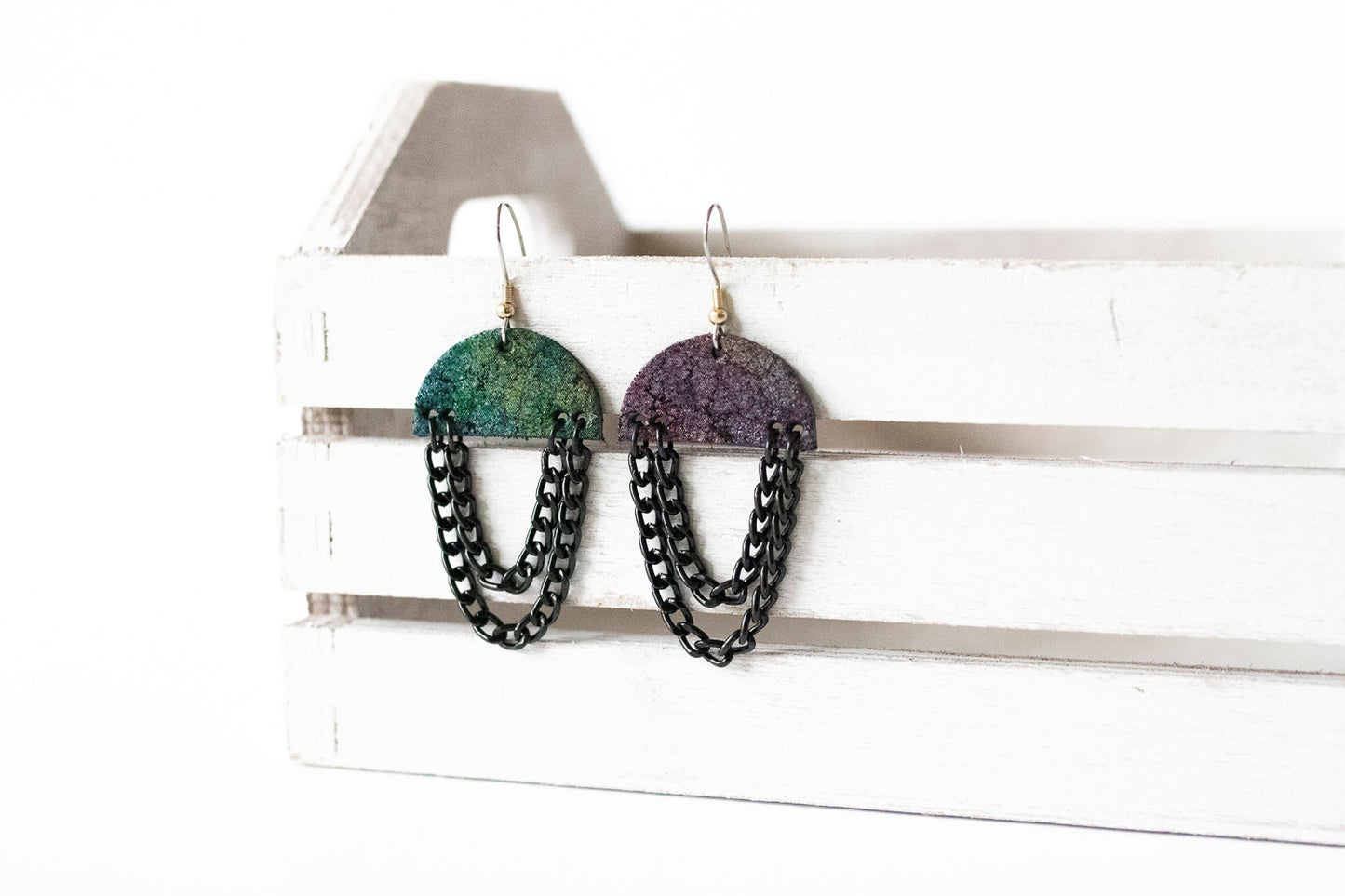 Leather Earrings / Black Chain Drop / Nebula Cloud