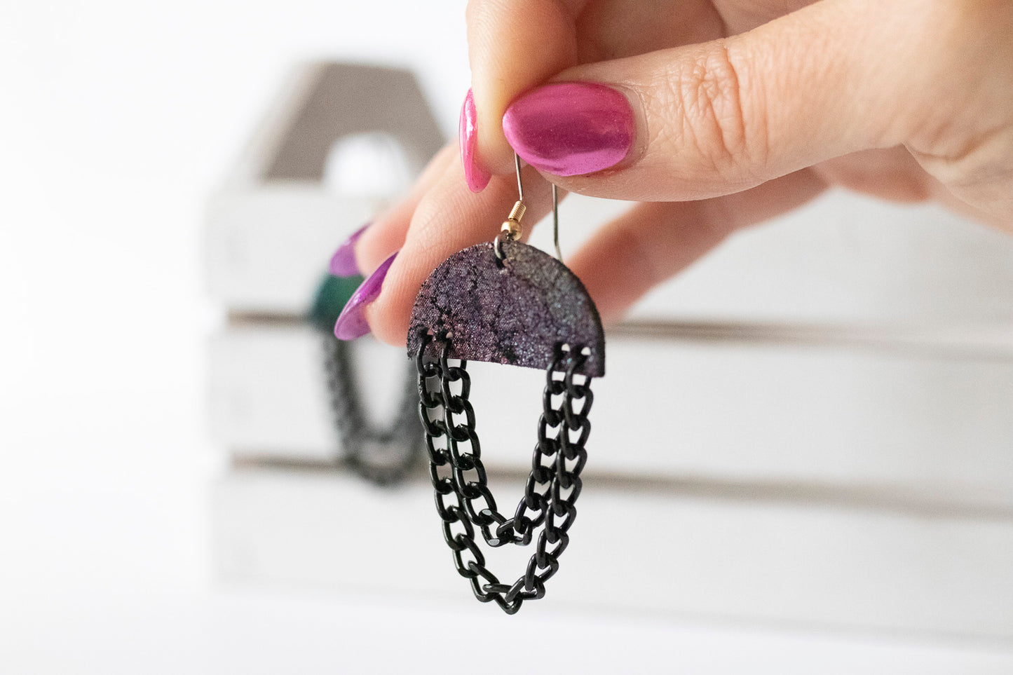 Leather Earrings / Black Chain Drop / Nebula Cloud