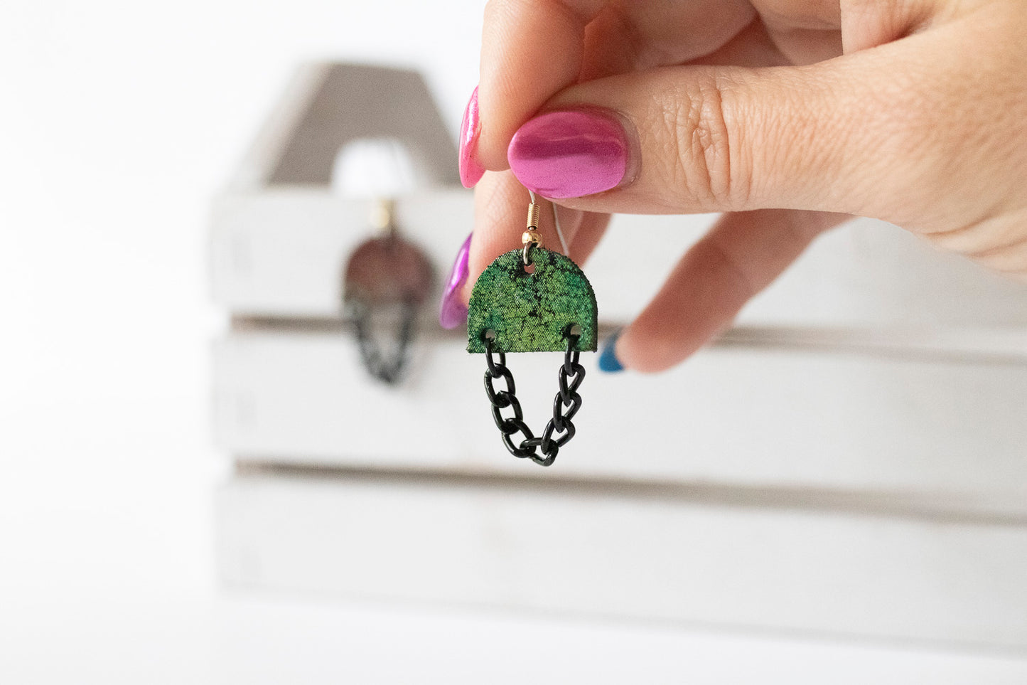 Leather Earrings / Black Mini Chain Drop / Nebula Cloud