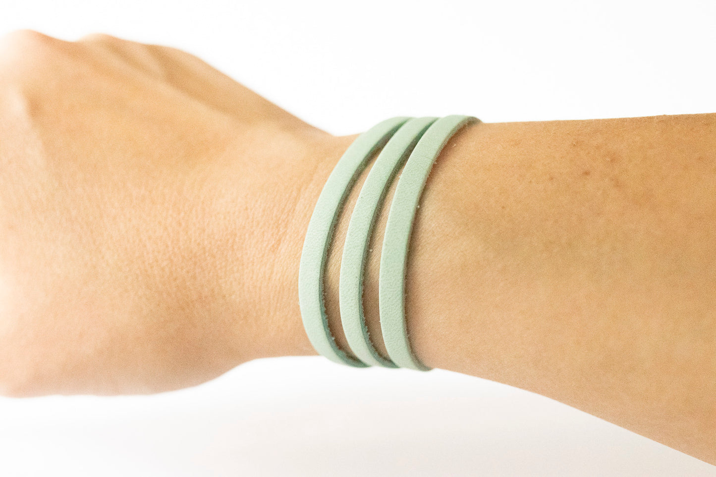 Leather Bracelet / Ultra Skinny Sliced Cuff / Cool Mint