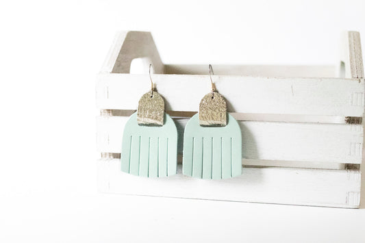 Leather Earrings / Fringies / Cool Mint & Gold Crackle