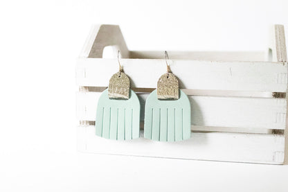 Leather Earrings / Fringies / Cool Mint & Gold Crackle