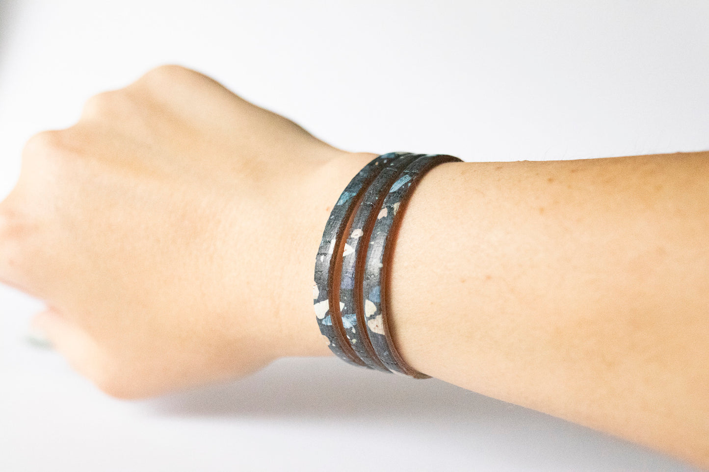 Leather Bracelet / Ultra Skinny Sliced Cuff / Dark Terrazzo Cork