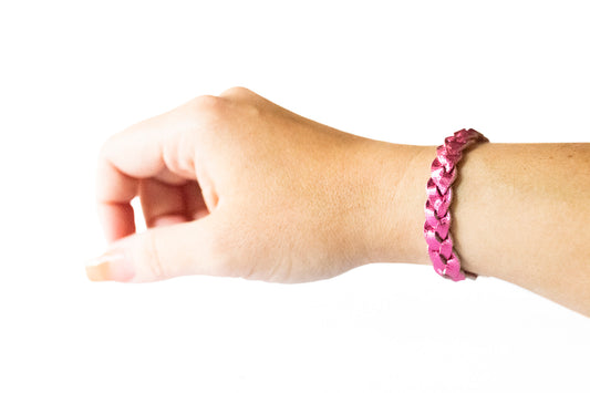 Braided Leather Bracelet / Metallic Hot Pink