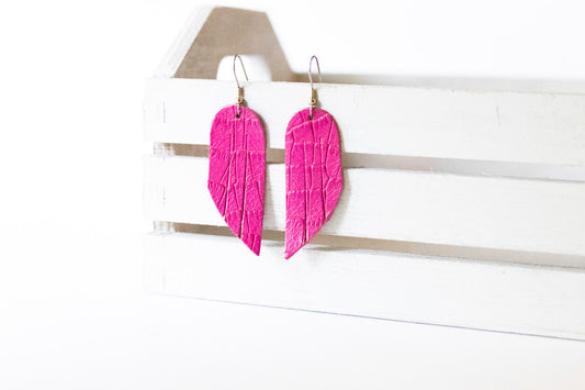 Leather Earrings / Mini Fringe / Hot Pink Croc