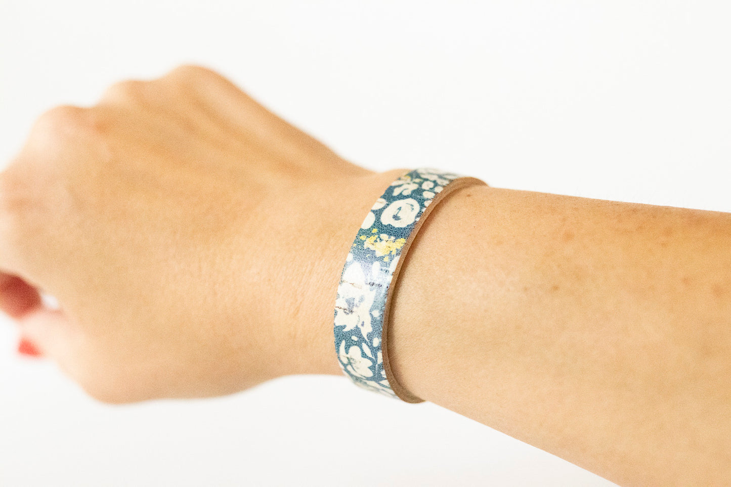 Leather Bracelet / Skinny Slim Cuff / Navy Poppies Cork