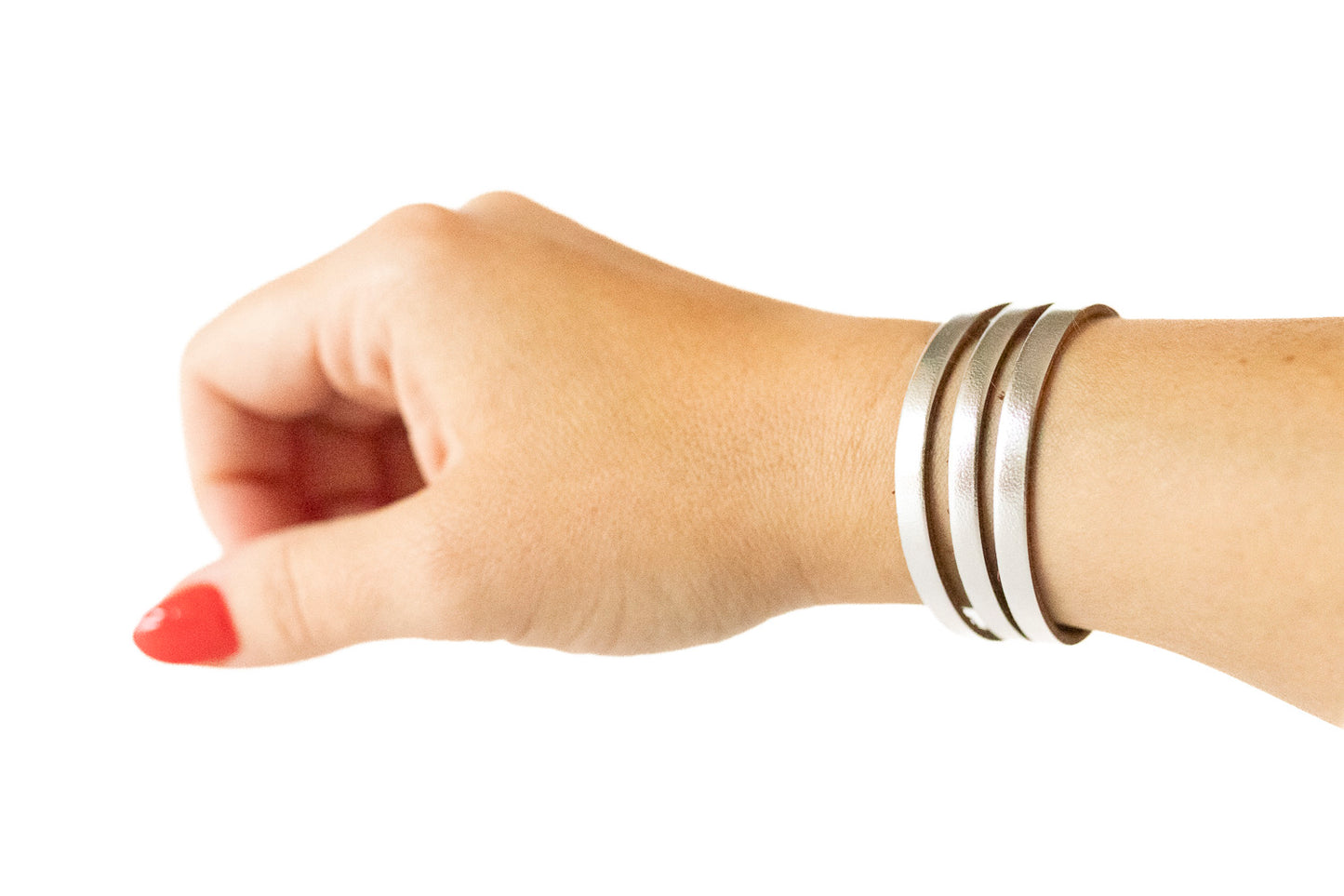 Leather Bracelet / Ultra Skinny Sliced Cuff / Metallic Silver