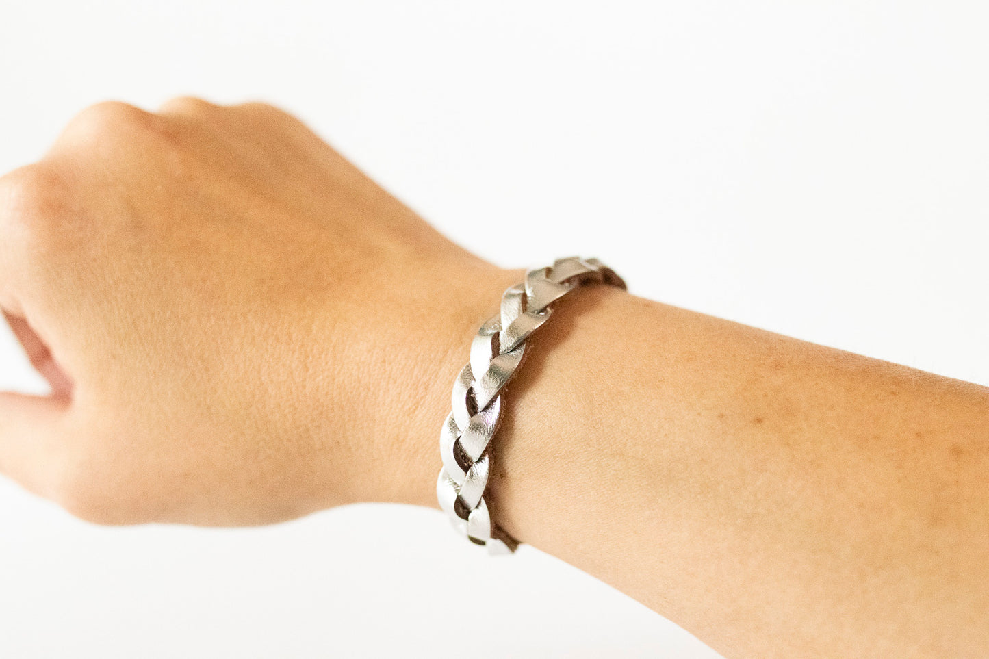 Braided Leather Bracelet / Metallic Silver